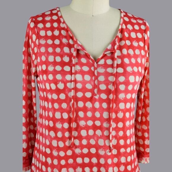 CHICO'S DOTTED RED MESH 3/4 SLEEVE TOP - Picture 2 of 7